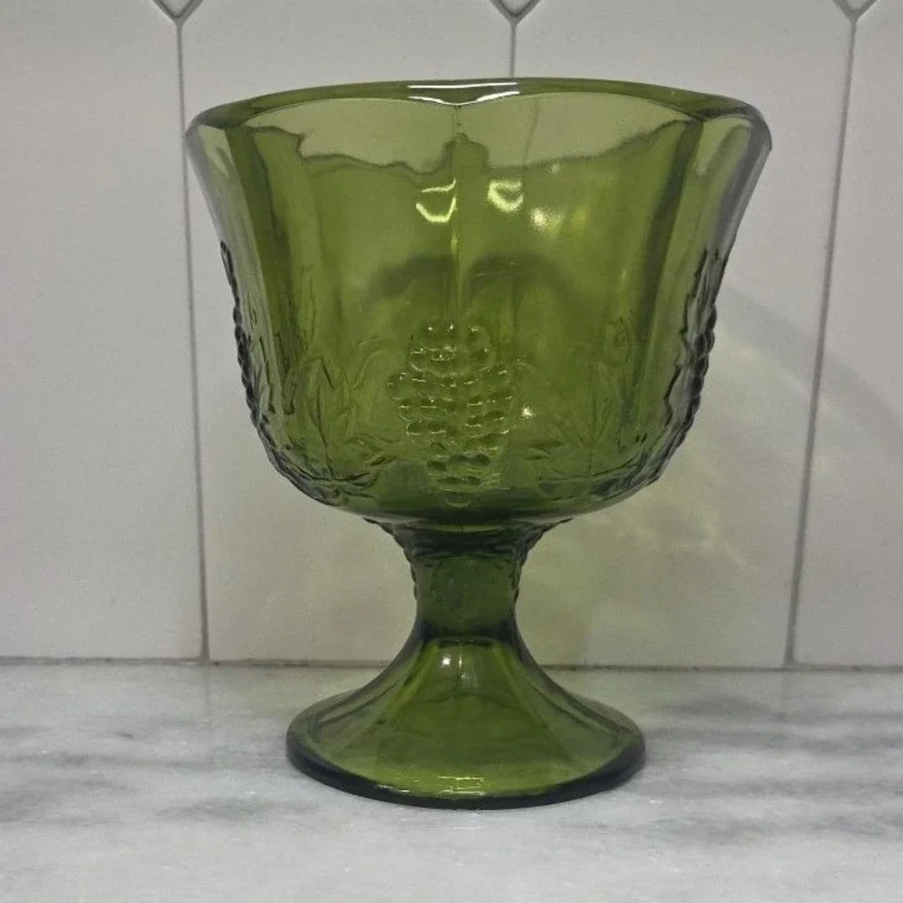 Indiana Glass Colony Harvest Grapes Compote, Vintage Avocado Green Pedestal Bowl